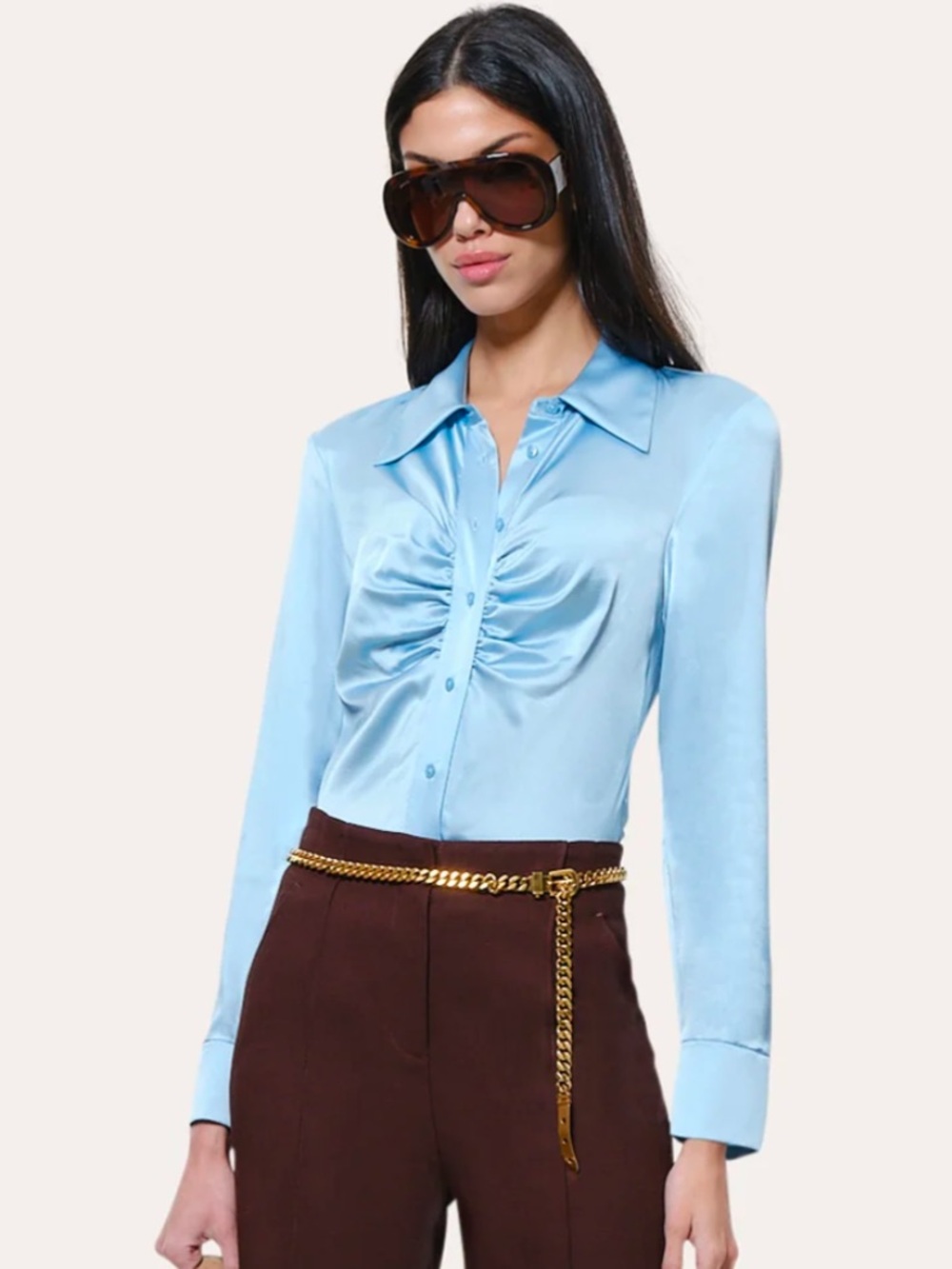 Elie Tahari Light Blue Silk Pinched Button-Down Blouse